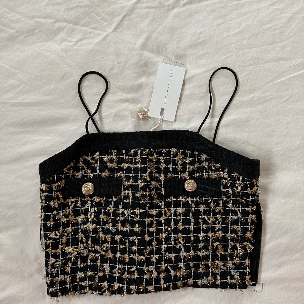 Tweed Shimmer Crop Top with Gold Buttons